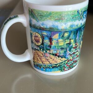Starbucks White Mug with Festive Green, Blue and Red Market Scene